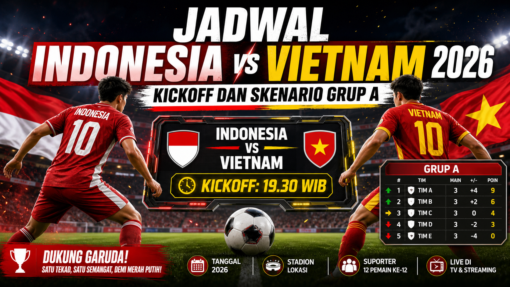 Jadwal Indonesia vs Vietnam 2026: Kickoff dan Skenario Grup A - indonesia